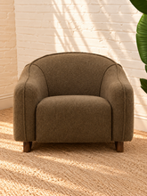 Load image into Gallery viewer, Mateo accent chair upholstered in olive taupe chunky woven chenille with curved arms, rounded back, cushioned seat, and rubber wood base.