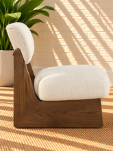 Load image into Gallery viewer, Image 3 of 5: Medina Walnut Lounge Chair in Cloud Linen with cream linen-textured upholstery and Brown Walnut wood frame