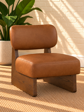Load image into Gallery viewer, Image 1 of 5: Medina Walnut Lounge Chair in Saddle Brown vegan leather with solid wood Brown Walnut frame