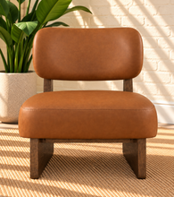 Load image into Gallery viewer, Image 2 of 5: Medina Walnut Lounge Chair in Saddle Brown vegan leather with solid wood Brown Walnut frame