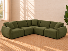 Load image into Gallery viewer, Image 1 of 4: Mikkel 5-Piece modular sectional sofa in Olive Grove green textured fabric with curved arms and loose back cushions