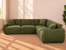 Load image into Gallery viewer, Image 2 of 4: Mikkel 5-Piece modular sectional sofa in Olive Grove green textured fabric with curved arms and loose back cushions