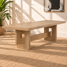 Load image into Gallery viewer, Millie rectangular natural oak dining table with geometric trestle base, central stretcher, and white oak veneer finish.