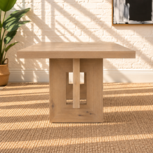 Load image into Gallery viewer, Millie rectangular natural oak dining table with geometric trestle base, central stretcher, and white oak veneer finish.