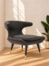 Load image into Gallery viewer, Image 2 of 4: Mirella upholstered lounge chair in Smoky Charcoal with sculptural back, plush seat, and brass-capped legs