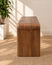 Load image into Gallery viewer, Molly minimalist desk table in natural brown mindi wood with rounded waterfall edges and a clean sculptural silhouette.