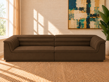 Load image into Gallery viewer, Monica 2-piece sectional sofa in Espresso velvet with deep horizontal channel tufting, curved arms, and contemporary design.