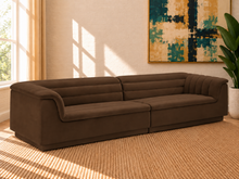 Load image into Gallery viewer, Monica 2-piece sectional sofa in Espresso velvet with deep horizontal channel tufting, curved arms, and contemporary design.