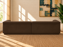 Load image into Gallery viewer, Monica 2-piece sectional sofa in Espresso velvet with deep horizontal channel tufting, curved arms, and contemporary design.
