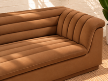 Load image into Gallery viewer, Image 4 of 4: Monica upholstered loveseat in Caramel velvet with deep channel tufting and curved arms