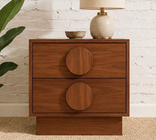 Load image into Gallery viewer, Moonlight Double Drawer Nightstand in rich walnut finish with two oversized round wood pulls