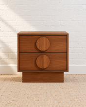 Load image into Gallery viewer, Moonlight Double Drawer Nightstand in rich walnut finish with two oversized round wood pulls