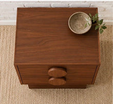 Load image into Gallery viewer, Moonlight Double Drawer Nightstand in rich walnut finish with two oversized round wood pulls