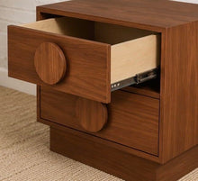 Load image into Gallery viewer, Moonlight Double Drawer Nightstand in rich walnut finish with two oversized round wood pulls