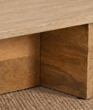 Load image into Gallery viewer, Myan freeform coffee table with beige travertine stone top and solid mango wood architectural base.