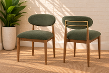 Load image into Gallery viewer, Nancy dining chair upholstered in Vintage Olive performance fabric with Brown Walnut Ash Wood frame and brushed brass accents