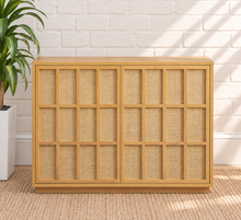 Load image into Gallery viewer, Naomi natural ash wood bar cabinet with two woven geometric-panel doors and recessed plinth base