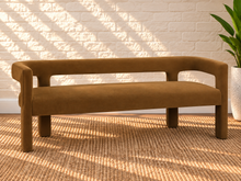 Load image into Gallery viewer, Navarro dining bench in Toasted Cognac velvet with sculptural open-back frame and upholstered seat