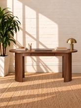 Load image into Gallery viewer, Image 3 of 4: Nori Walnut desk with drawer, rounded tabletop, sculptural curved legs, and rich natural wood grain