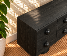 Load image into Gallery viewer, Norris Charcoal buffet credenza with oversized orb knobs, central drawers, cabinet storage, and rounded pedestal base