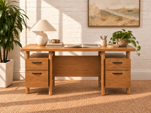 Load image into Gallery viewer, Image 2 of 5: Norton 69-inch double pedestal desk in Natural with four drawers, matte black pulls, open shelf, and wood construction