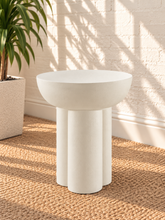 Load image into Gallery viewer, Odette ivory round side table with textured finish and sculptural trefoil pedestal base
