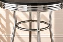 Load image into Gallery viewer, Image 4 of 5: Ortega Retro Bar Table with Black round laminate top, layered Chrome apron, flared legs, and circular support rings