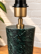 Load image into Gallery viewer, Image 5 of 5: Oryn table lamp with Midnight Verde green marble base, Natural Flax linen shade, and brass detail