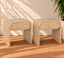Load image into Gallery viewer, Pair of Blaise Blonde Oak nightstands in solid white oak with curved designs, integrated drawers, and cerused brushed wood grain.