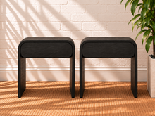 Load image into Gallery viewer, Pair of Blaise Charcoal nightstands in solid black oak with curved designs and integrated drawers.