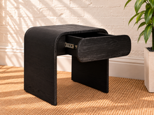 Load image into Gallery viewer, Pair of Blaise Charcoal nightstands in solid black oak with curved designs and integrated drawers.