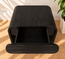 Load image into Gallery viewer, Pair of Blaise Charcoal nightstands in solid black oak with curved designs and integrated drawers.