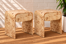 Load image into Gallery viewer, Pair of Blaise Natural Burl nightstands with rounded drawers, curved silhouettes, and richly figured burl wood grain.