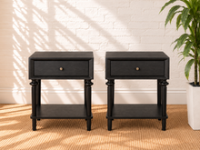 Load image into Gallery viewer, Pair of Mina natural black nightstands with single drawers, round metal knobs, spindle-detailed legs and open lower storage shelves.
