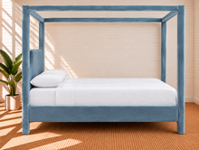 Load image into Gallery viewer, Image 3 of 4: Pineda King-Size Canopy Bed in Misty Blue velvet with upholstered canopy posts and sculpted headboard