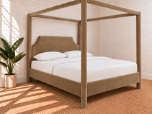 Load image into Gallery viewer, Image 1 of 4: Pineda Queen-Size Canopy Bed in Desert Mocha velvet with upholstered canopy frame and sculpted headboard