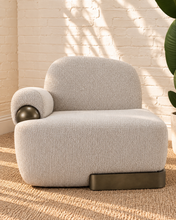 Load image into Gallery viewer, Quentin ivory gray upholstered accent chair with rounded arms, textured fabric and antique brass-finished metal accents.