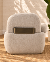 Load image into Gallery viewer, Quentin ivory gray upholstered accent chair with rounded arms, textured fabric and antique brass-finished metal accents.