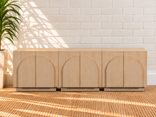 Load image into Gallery viewer, Regina 3-Piece Buffet Credenza in Blonde Oak with arched door detailing, interior shelving, and Art Deco design