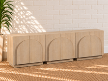 Load image into Gallery viewer, Regina 3-Piece Buffet Credenza in Blonde Oak with arched door detailing, interior shelving, and Art Deco design