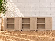 Load image into Gallery viewer, Regina 3-Piece Buffet Credenza in Blonde Oak with arched door detailing, interior shelving, and Art Deco design