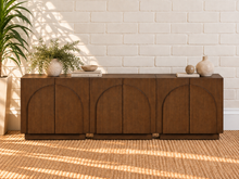 Load image into Gallery viewer, Regina 3-Piece Buffet Credenza in Brown Walnut with arched door detailing, interior shelving, and Art Deco design