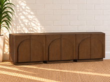 Load image into Gallery viewer, Regina 3-Piece Buffet Credenza in Brown Walnut with arched door detailing, interior shelving, and Art Deco design