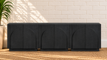 Load image into Gallery viewer, Regina 3-Piece Buffet Credenza in Charcoal with arched door detailing, interior shelving, and Art Deco design