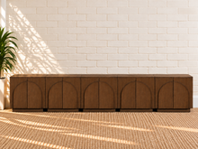 Load image into Gallery viewer, Regina 5-Piece Buffet Credenza in Brown Walnut with arched door detailing, interior shelving, and Art Deco design