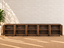 Load image into Gallery viewer, Regina 5-Piece Buffet Credenza in Brown Walnut with arched door detailing, interior shelving, and Art Deco design