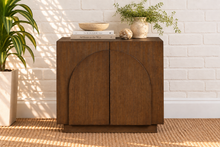 Load image into Gallery viewer, Regina Buffet Credenza in Brown Walnut with arched door detailing, interior shelving, and Art Deco design