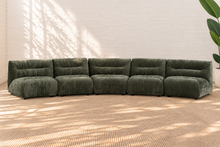 Load image into Gallery viewer, Reid five piece curved modular sectional sofa in forest sage green textured upholstery with plush channel detailing and low-profile armless seats.