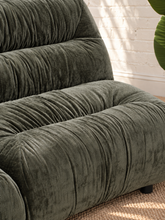 Load image into Gallery viewer, Reid five piece curved modular sectional sofa in forest sage green textured upholstery with plush channel detailing and low-profile armless seats.