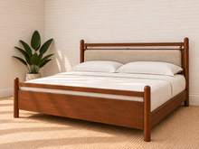 Load image into Gallery viewer, Rocco King platform bed with Walnut rubberwood frame, Greige heathered fabric headboard pillow, and faux leather straps.